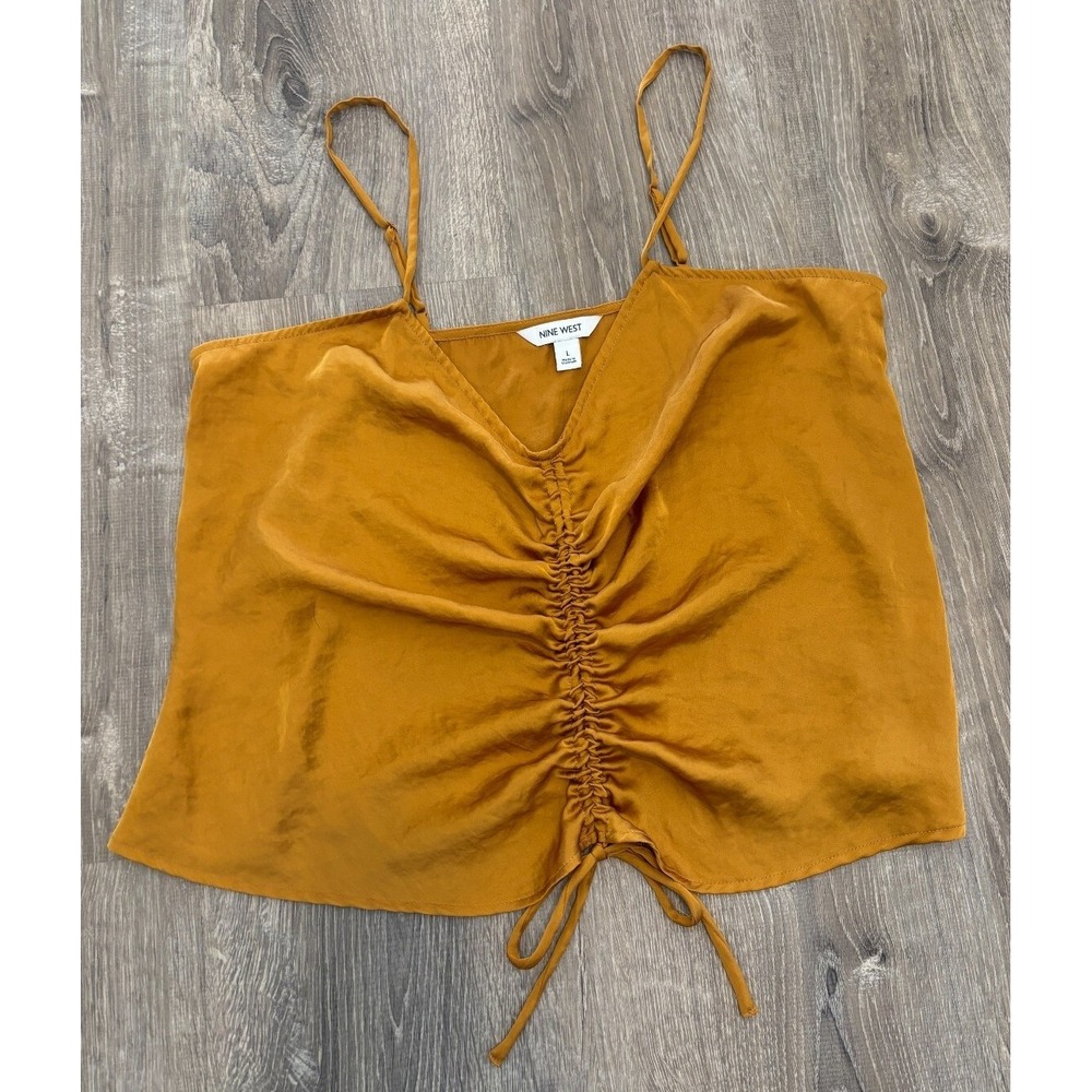 Nine West Mustard Yellow Satin Ruched Front Camisole Top Large Adjustable Straps